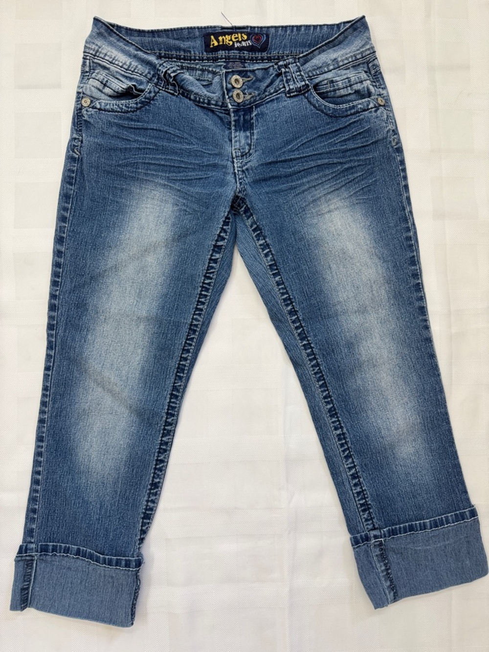 Angels Faded Light-Medium Blue Cropped Cuffed Capri Jeans